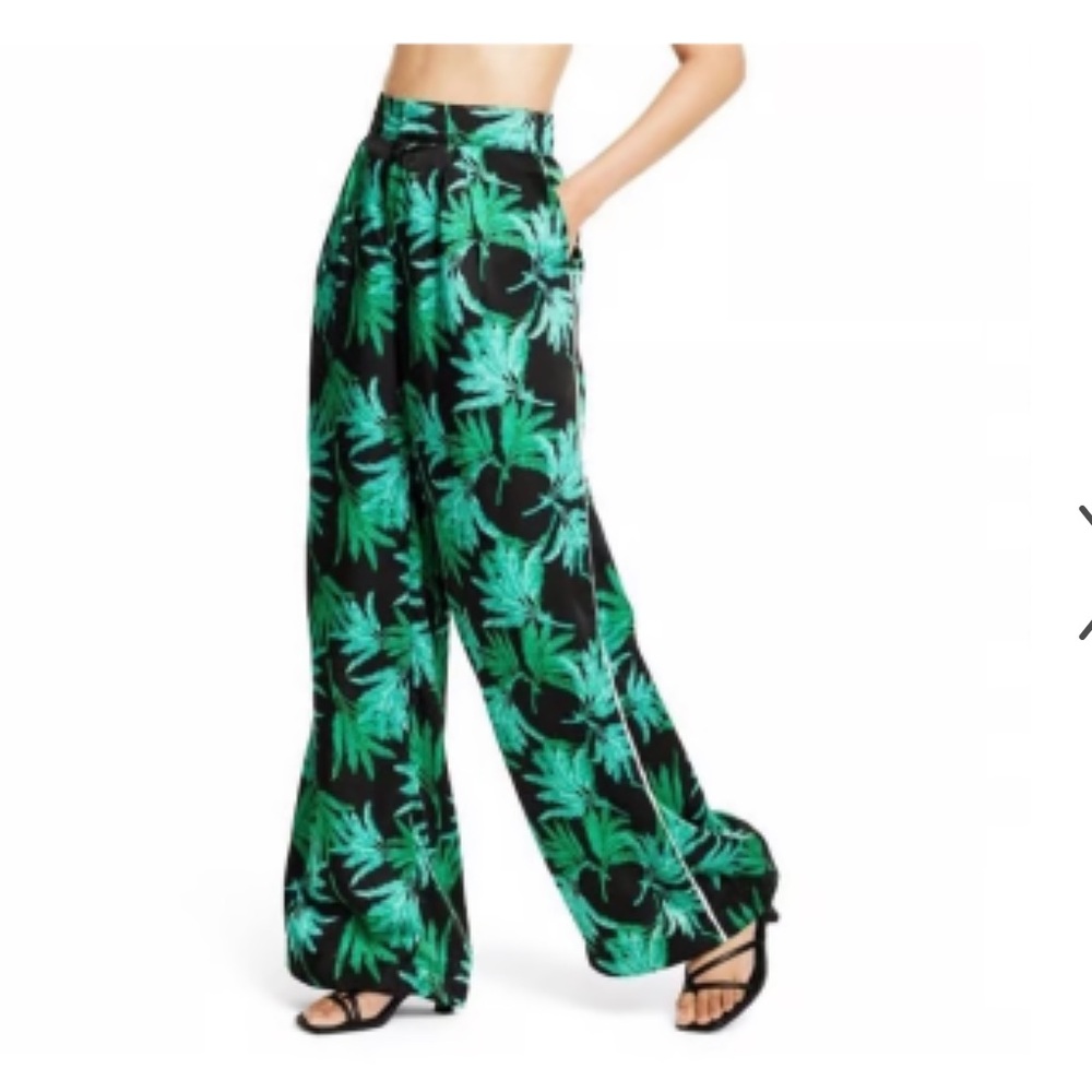 Fe Noel X Womans Juniors Ladies wide leg feathered  palm print pant trousers XXS